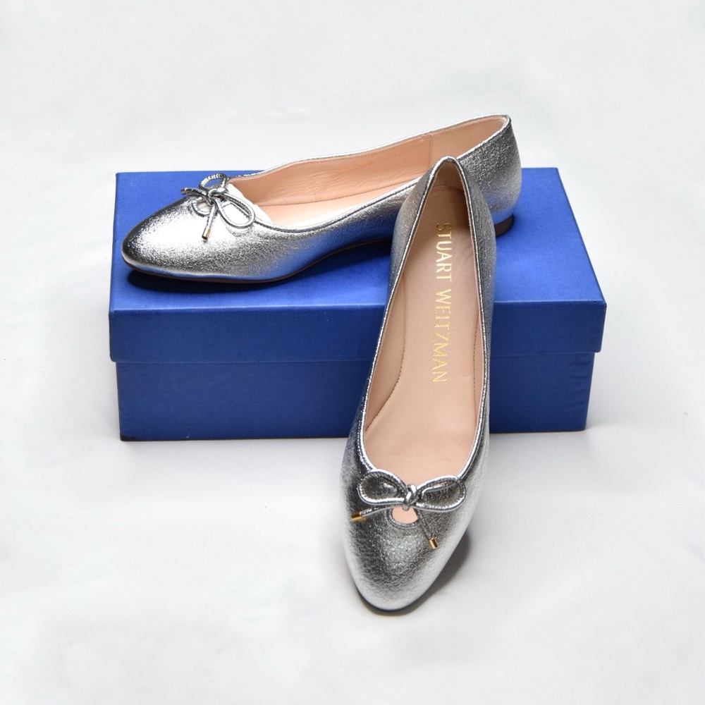 Stuart Weitzman Silver Leather Bow Ballet Flats
